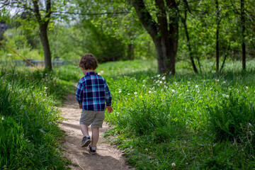 Obraz premium Boy walking alone along path in nature