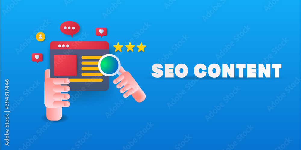 Poster seo content, content optimization for better search visibility. quality website content. 3d illustra