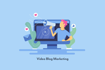 Video marketing, influencer video blogging concept. Man with megaphone influencing people on social media with video content. Flat design modern marketing illustration.