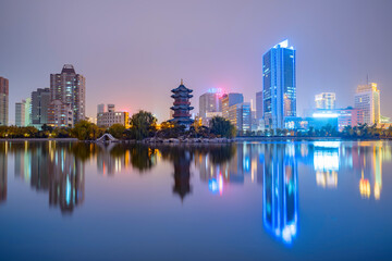 Fototapeta na wymiar At night, the city skyline is in Taiyuan, Shanxi Province, China