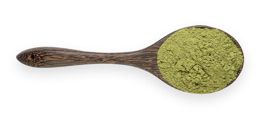 Green tea powder in a wooden spoon on white background. Top view