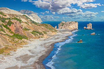Island of Cyprus. Aphrodite's rock on the shore of the Mediterranean sea. Pathos. Kuklia. Petra tou...