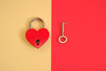 Love and relationship concept.Heart locked. Valentine's day. Lock and key. Lock red heart shaped...