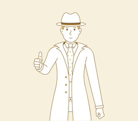 Man shows thumbs up, vector illustration of a guy in a good mood showing a gesture of approval or okay. Men detective cartoon art