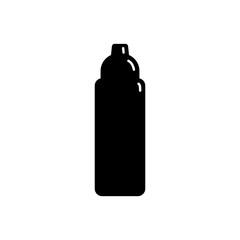 Cosmetic container in the form of plastic bottle. Oil, lotion, body care hygiene. Illustration design in the form of silhouette with thin white lines. Isolated icon in flat style on background