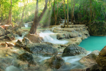 Erawan Waterfall, Kanchanaburi Province Thailand, natural waterfalls, beautiful green forests,