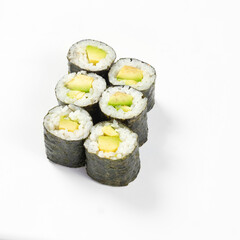 Avocado rolls isolated on white background.Close-up. Japanese food concept.