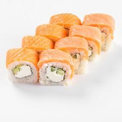 Rolls with tuna and salmon isolated on white background.Close-up. Japanese food concept.