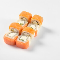 Rolls with tuna and salmon isolated on white background.Close-up. Japanese food concept.