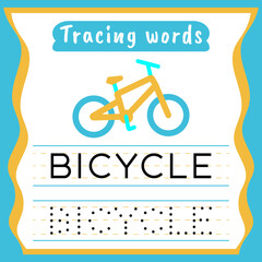 Tracing words with bicycle printable educational worksheet for kids..
