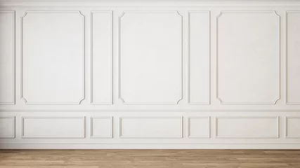Fototapeten Modern classic white empty interior with wall panels molding and wooden floor. 3d render illustration mock up. © YKvisual