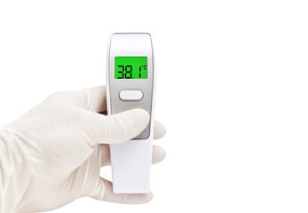 Digital thermometer for measuring body temperature display 38.1 degrees celsius. Thermometer in hand isolated on a white background. Coronavirus outbreak around the world.