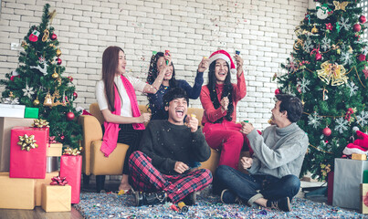 Group young with celebrating Christmas.