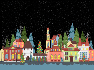 Christmas city. vector image of provincial houses. panorama of the festive city