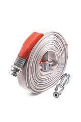 Red fire hose coil isolated on the white background.