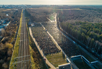 Aerial view of fresh graves in the Butovo cemetery on the outskirts of Moscow on November 09, 2020.