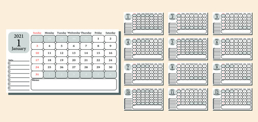 Calendar 2021, days start on Sunday. Corporate design planner template. Holidays only on Sundays no other holidays.