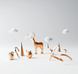 Christmas composition gold reindeer with gold metallic decoration on bright white background. Creative idea Christmas concept. 3d rendering    © aanbetta