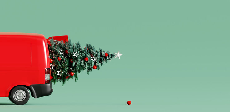Santa Claus van delivering with Christmas tree. 3d rendering