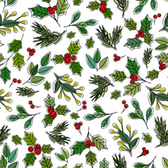 Chistmas nature leaves and berries cartoon outlined vector illustration, unfit colored over white background, seamless pattern	