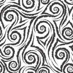 Black smooth lines corners and spirals with torn edges on a white background vector seamless pattern.Abstract geometric texture wool or fur.