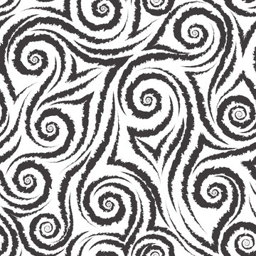 Black smooth lines corners and spirals with torn edges on a white background vector seamless pattern.Abstract geometric texture wool or fur.