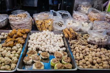 Street Food. Fish balls, meat balls and tofu sold in Taiwan traditional market.