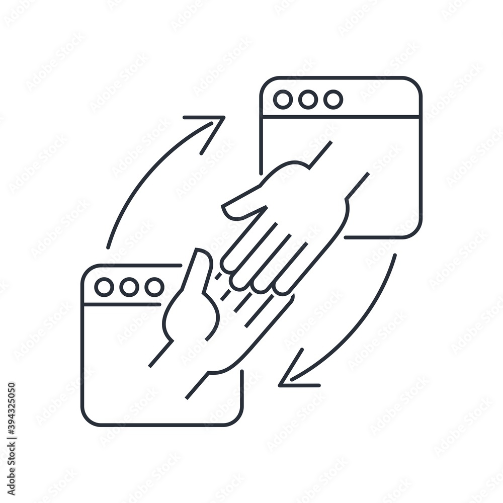 Poster contact of two hands from internet pages. friendship and cooperation in the internet space. affiliat