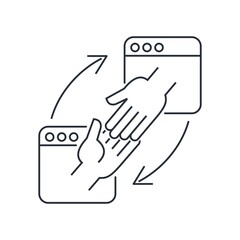 Contact of two hands from Internet pages. Friendship and cooperation in the Internet space. Affiliate programs. Vector linear icon isolated on white background.