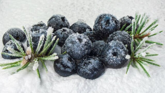 Frozen blueberries close-up. The process of freezing berries in the cold. Dew drops freeze, berries are covered with frost. Frozen berries. Frozen food products. Christmas composition of frozen