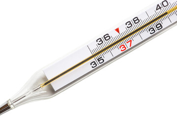 A medical thermometer shows a temperature of 38 degrees.