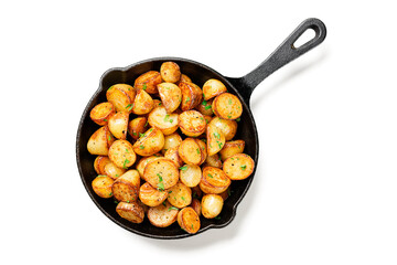 Roasted baby potatoes in iron skillet.isolated on white background