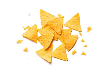 Golden nachos chips isolated on white background. top view - obrazy, fototapety, plakaty