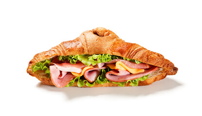 Fresh croissant sandwich with ham, cheese and salad leaf, isolated on white background
