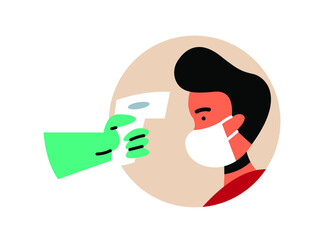 Patient with coronavirus flu with high fever. The doctor holds an infrared thermometer to measure body temperature. COVID - 19 concept.