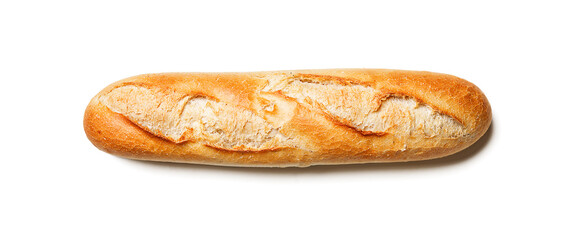 Freshly baked baguette isolated on white background, top view.