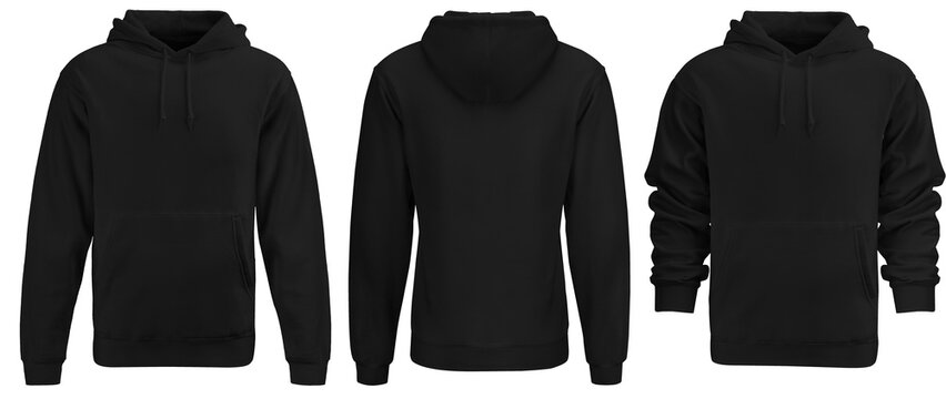 Black hoodie template. Hoodie sweatshirt long sleeve with clipping path, hoody for design mockup for print, isolated on white background.