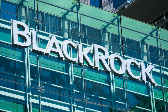 BlackRock sign and logo on glass facade of financial company office building in Silicon Valley - San Francisco, California, USA - 2019