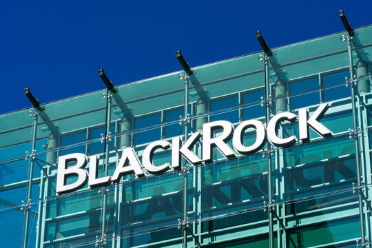 BlackRock sign and logo on glass facade of financial investment management corporation office building in Silicon Valley - San Francisco, California, USA - 2020