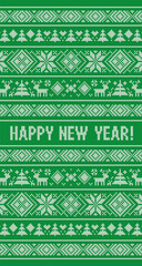 Happy New Year 2021 knitted pattern. Scandinavian style with deer, snowflakes, fir. Design for sweater, wallpaper, greeting card. Knitting effect background. Green and white colors. Vertical