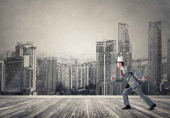 Fototapeta na wymiar King businessman in elegant suit running and drawn cityscape silhouette at background