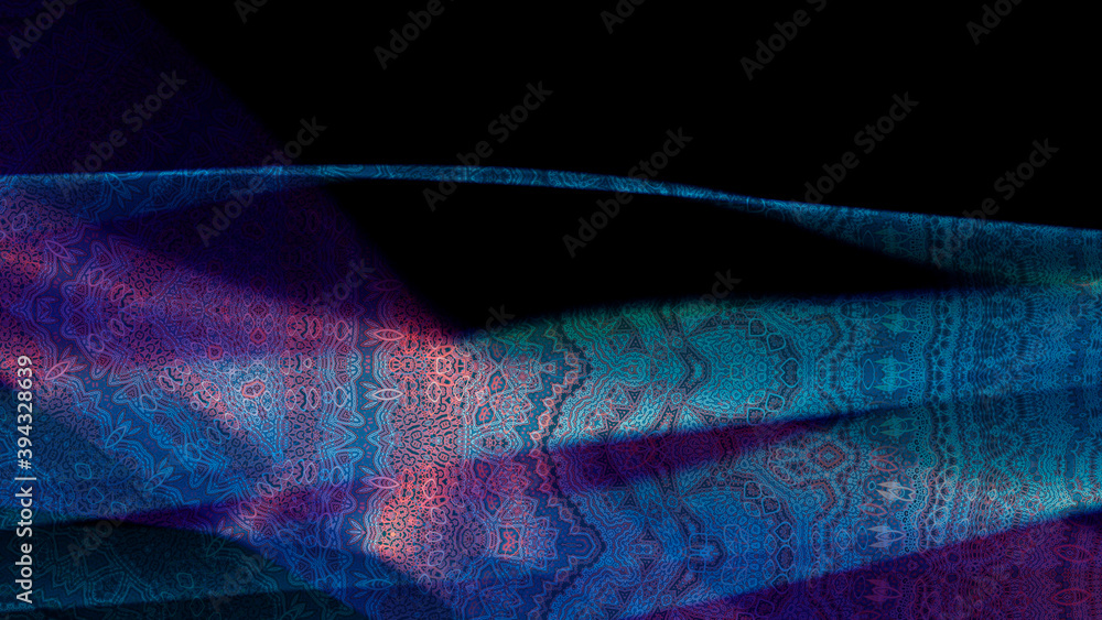 Poster abstract fabric texture with a small oriental pattern in blue-violet color on a dark background, 3d 