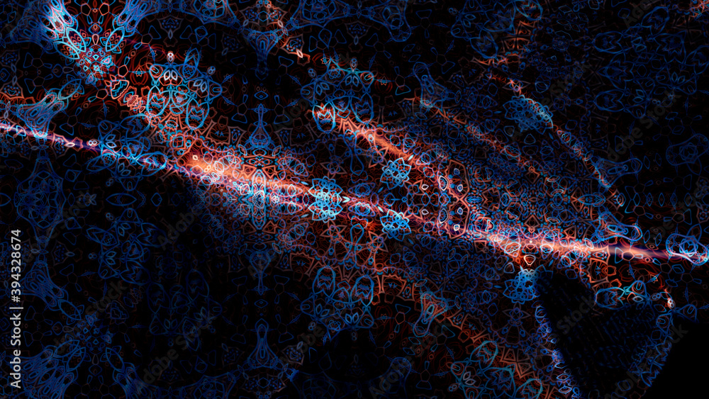 Poster abstract texture of a smooth shiny fabric with a small oriental pattern on a dark background, 3d ren