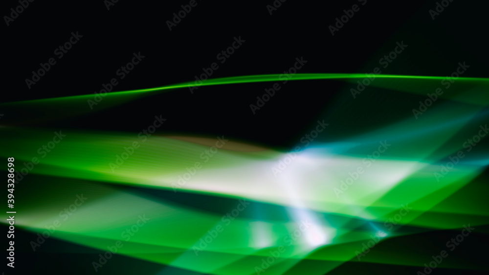 Poster abstract composition of refracted smooth green lines on a dark background in light rays, 3d render