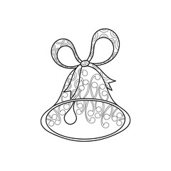 coloring Book for adults and children of a Bell with a ribbon bow. Black and white Hand drawing anti-Stress coloring. Sketch for a postcard or print