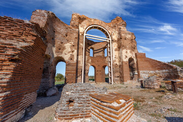 Ruins of early Byzantine Christian basilica know as The Red Church near town of Perushtitsa,...