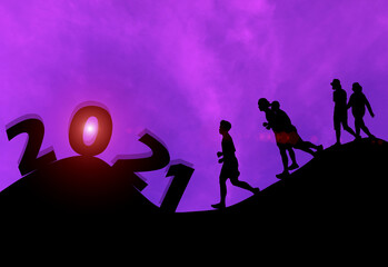Silhouette running exercise.Concept new year's eve welcome new year celebration 2021 in the evening atmosphere Sunset.