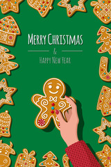 Women's hand holds a gingerbread man. Christmas Homemade cookies for greeting card on green background. Vector