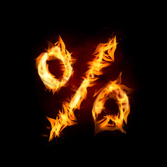 Fototapeta premium Bright flaming percent symbol on black background