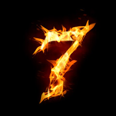 Fototapeta premium Flaming 7 on black background. Stylized number design